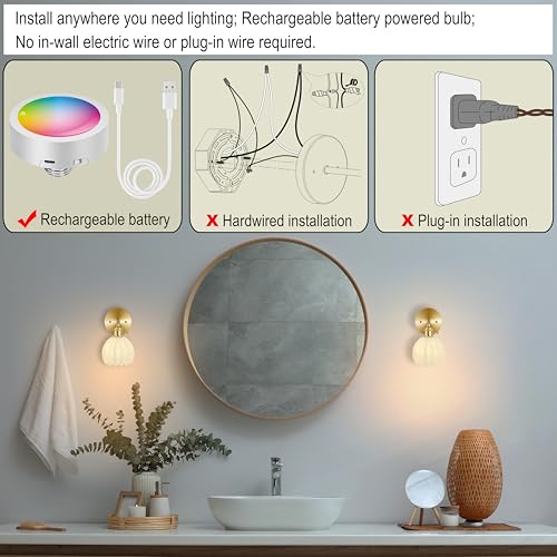 MAYOMAJO Wall Sconces, Tulip-Shaped Glass Shade, Modern Wall Lamp with RGB Color-Changing Bulb, for Home Bedroom Doorway Decoration (White Glass + Brass Finish, 2-Pack Rechargeable Bulbs with Remote) by MAYOMAJO - Used condition - Image 3