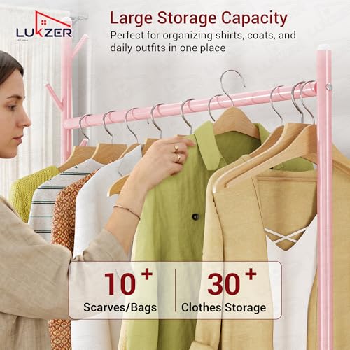 Image of Lukzer | MGR-002 | Pink | Metal Cloth Stand & Garment Rack with Wheels, 2 Bottom Shelves & Single Rod - Space-Saving Clothes Organizer for Bedroom, Laundry, Entryway & More | 173 x 90 x 34 cm