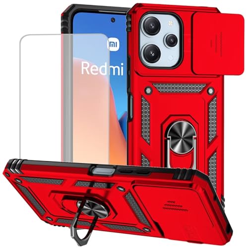 Coque Redmi 12 antichoc avec bague magnétique et protège-objectif rouge