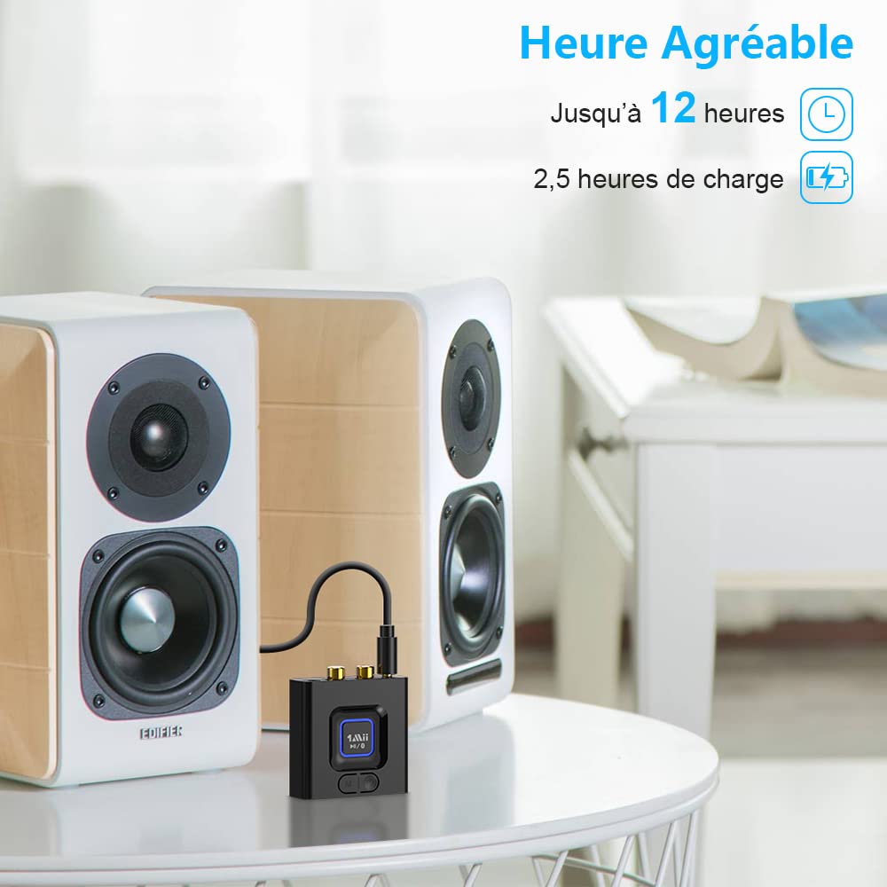 1Mii ML201 Recepteur Bluetooth 5.1, Adaptateur Bluetooth RCA 3.5mm Jack AUX, SBC AAC Recepteur pour Accueil Système Stéréo, Mode Basse, Taille Mini, Batterie Intégrée