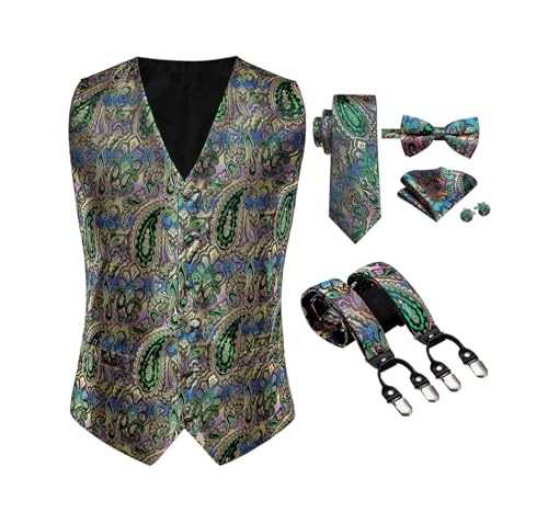 Mens Silk 5PCS Suit Vest Busines Braces Necktie Bowtie Suspender Tie Hanky Cufflinks Waistcoat Set
