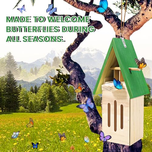 Butterfly House, Natural Butterfly Feeder, Butterfly Feeders for Outdoors, Wooden Butterfly Habitat, Butterfly Garden Kit on The Floor or Hanging on Tree Wall (Green)