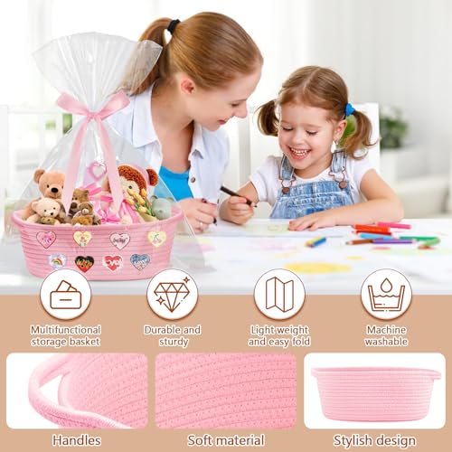 Image of CMXZSAM Small Woven Basket with Gift Bags, Ribbons and Self-Adhesive Cloth, 12 inchX 8 inch X 5 inch Pink Baskets for Gifts Empty, Rope Empty Baby Gift Basket for Baby Shower Birthday Easter Presents