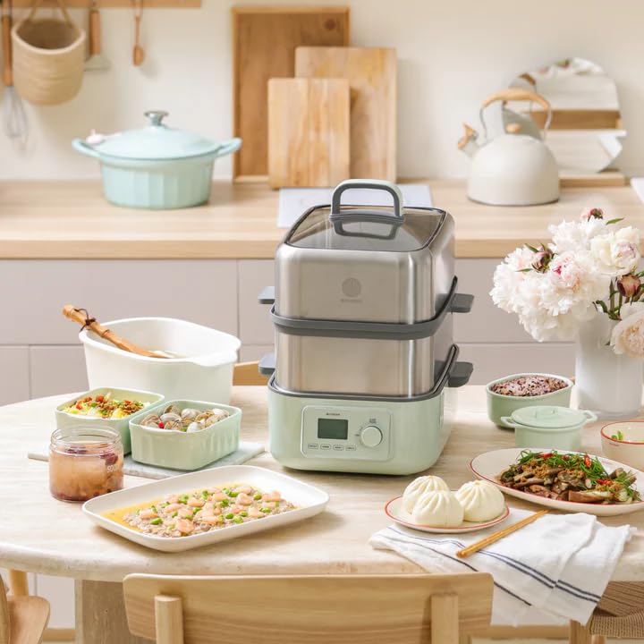 Image of BUYDEEM G67US-A503 Electric Food Steamer for Cooking, 2 Tire Stainless Steel Steamer with Manual Mode, 1500W, 14 Quart, Green