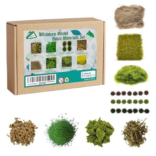 OMTOFUEN Miniature Basing Material Set - 8-Piece Battlefield Scenery Kit with Static Grass, Moss, Tufts & Model Stones - Realistic Diorama Supplies for Wargaming, Train Layouts & Military Models