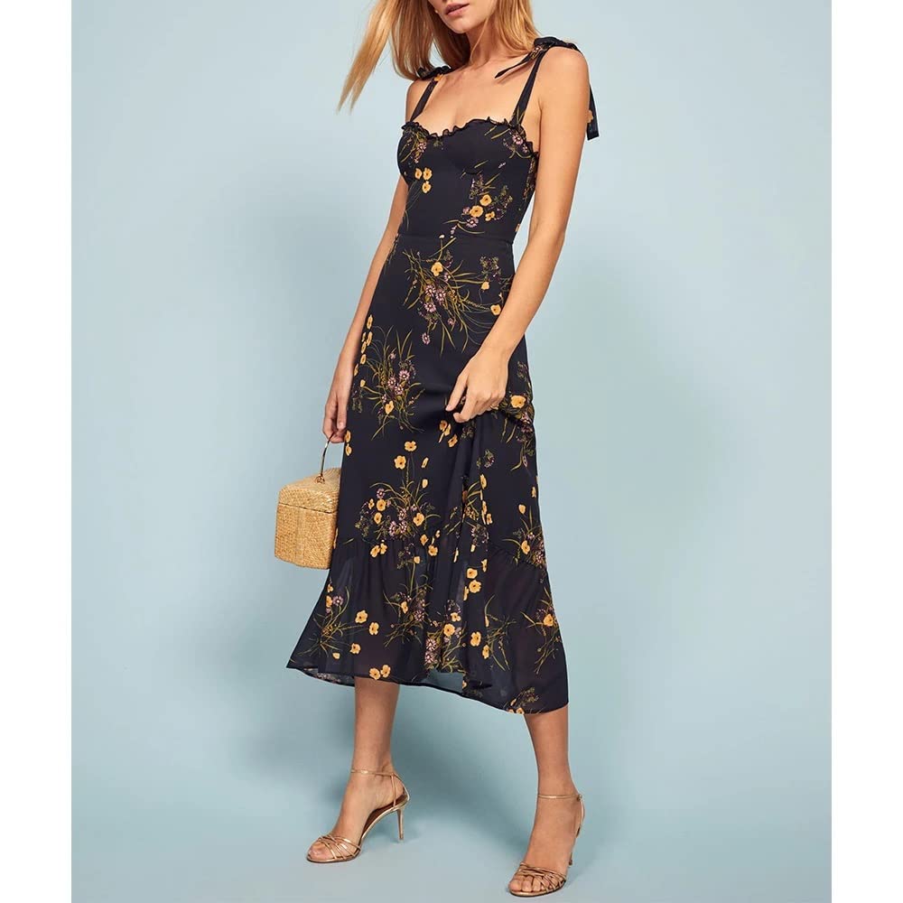 Abito da Donna Abito Floreale Abito da Spiaggia Estivo con Volant Senza Maniche con Scollo a Balze (Color : Black, Size : M Code)