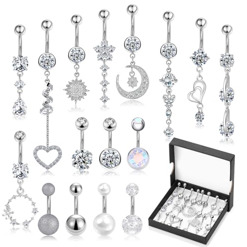 16 PCS 14G Dangle Belly Button Rings for Women, Stainless Steel Dangling Piercing Jewelry Belly Rings, Navel Rings Pack Cute Piercing Barbell Body Jewelry Gifts for Women