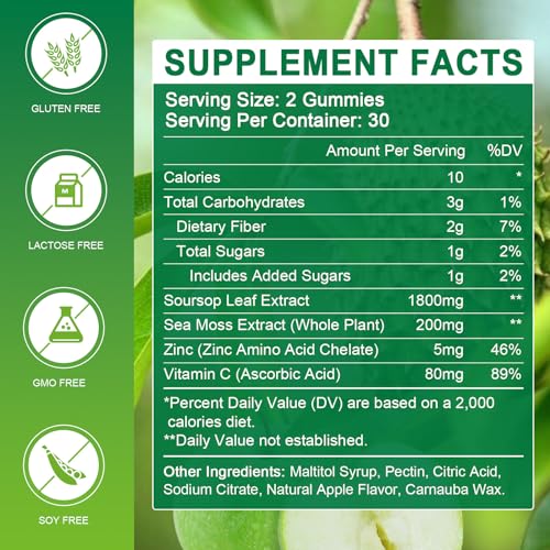 Soursop Graviola Gummies with Sea Moss Extract - Antioxidant, Cell Support & Regeneration, Immune Support, Soursop Gummy with Sea Moss, Vitamin C & Zinc, Apple Flavor - 60 Gummies(2 Pack) - Thumbnail 2