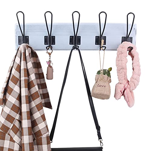 Rustic Coat Rack - Wall Mounted Solid Pine Wood 17" Entryway Coat Hooks - Rustic Hooks For Hanging Coats,Jacket,Clothes,Hats (1 Item Five Hooks, White With Black Hooks) #TOP1