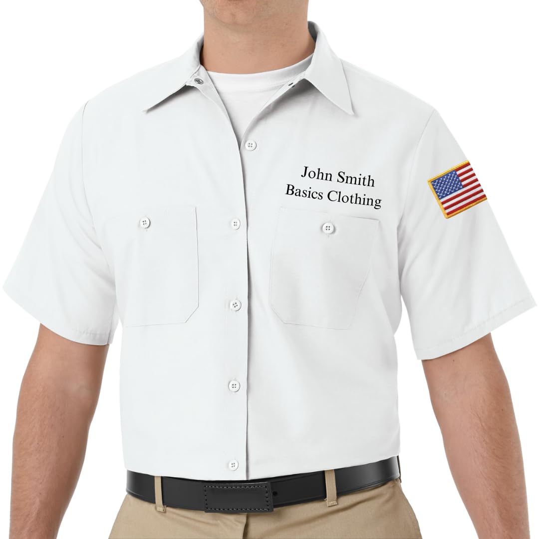 Red Kap Custom Men's SP24 Short Sleeve Industrial Solid Work Shirt with Name Embroidery and American Flag Patch