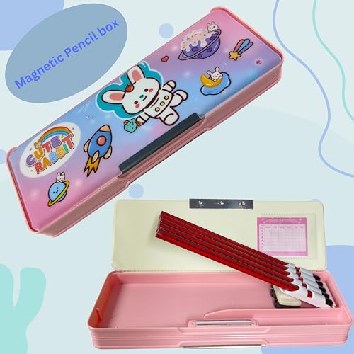 Image of ZAFCO Plastic Magnetic Pencil Box Cartoon Theme For Kids Boys Girls School Going Children Stationaries Organizer Birthday Return Gift School Supplies (Pack Of 1) - Pink