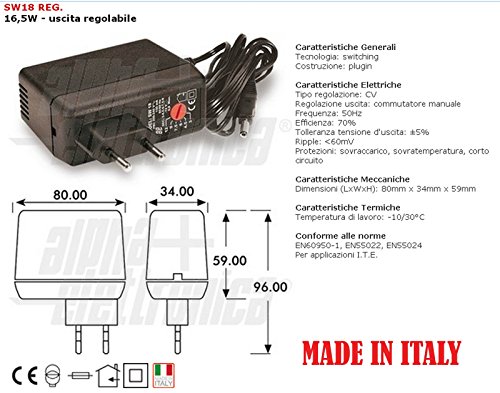 Alpha Elettronica SW18/1 Adaptador e inversor de Corriente Negro - Fuente de alimentación (EN 60950-1, EN 50081-1-2, EN 50082-1, EN 55022 B, EN 55024, IEC 61000, 230 V, 50 Hz, 3 V, 1000 mAh, Negro)