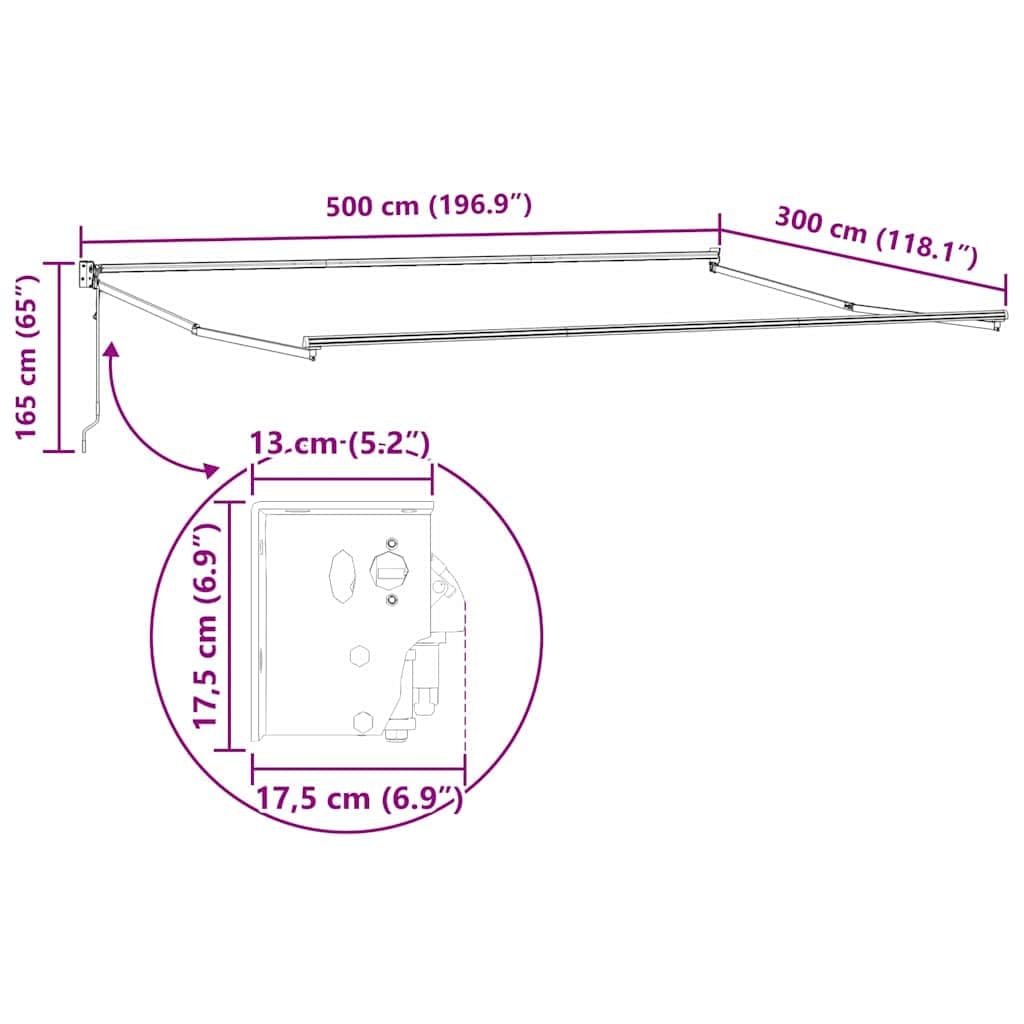 Elektryczna rozkładana markiza zielona, 500 x 300 cm, odporny na warunki atmosferyczne poliester z ochroną UV, wysuwana z korbą i pilotem zdalnego sterowania, wytrzymała kaseta aluminiowa na