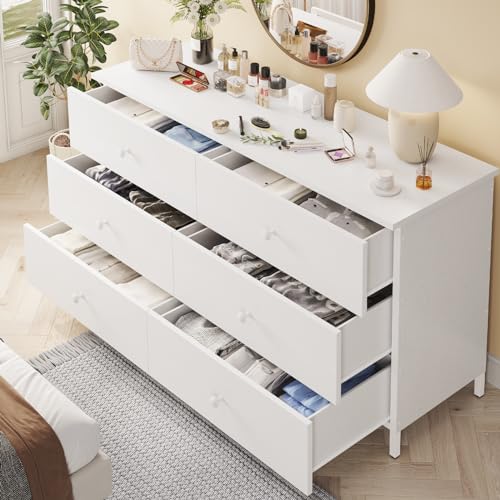 Hasuit 6 Drawers Double Dresser, Wooden Dressers with Heavy Sturdy Steel Frame, Large Capacity Storage Chest of Drawers, White Dresser for Bedroom, Living Room, Entryway - Thumbnail 3