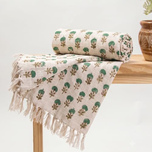 Image of Jute Cotton Hand Block Printed Sofa Throw 50 x 70 Inch or 127 x 177.8 Centimeters, Handmade Coverlet for Sofa, Couch & Living Room, Decorative Home Furnishing (Green Buti, Pack of 1)