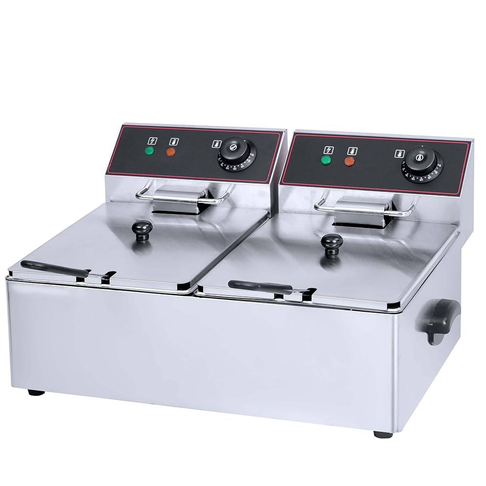 Friggitrice elettrica professionale doppia vasca da 2 x 6 l o 2 x 8 l – 5000 W – Termostato regolabile, serbatoi rimovibili – ideale per catering, snack, cibo camion (2 x 8 litri)