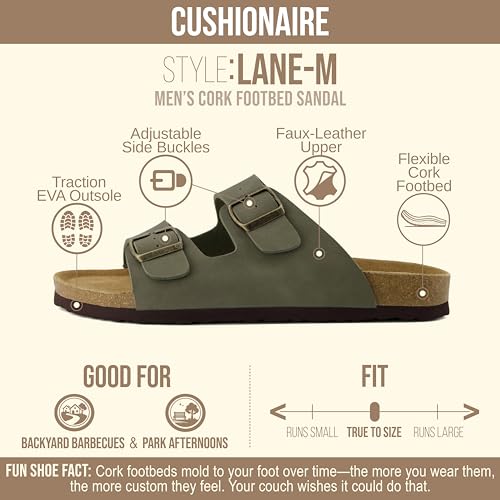 Image of CUSHIONAIRE Lane Cork Footbed Mens Sandals, Adjustable Buckle Comfort Slides for Men, Genuine Leather Insole Summer Sandals Men Footwear