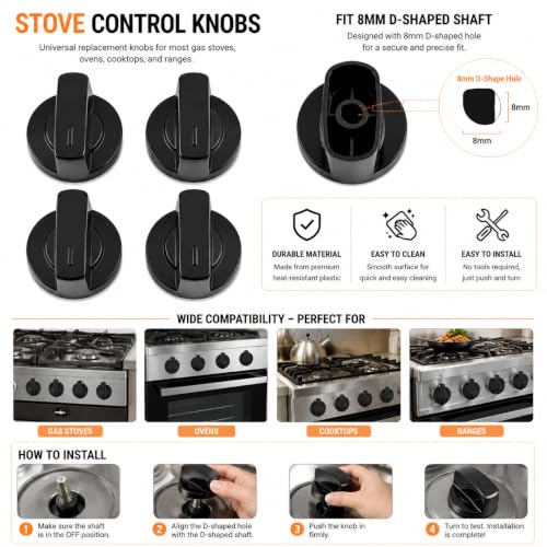 Image of Universal fit Knob for Gas Stove Replacement Parts | Long Lasting, Smooth Operation, Premium PVC On-Off Push Type 8 MM Spindle Black Knob for All Sleek Slim Modal Gas Stove (P1, Pack of-4)