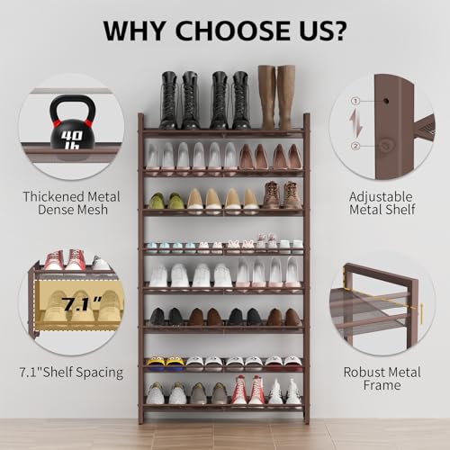 Image of 8Tier Metal Tall Shoe Rack,Large Shoe Rack for Closet,entryway,Garage, with Adjustable Flat or Angled Shelves, Hold 32-40 Pairs Shoes