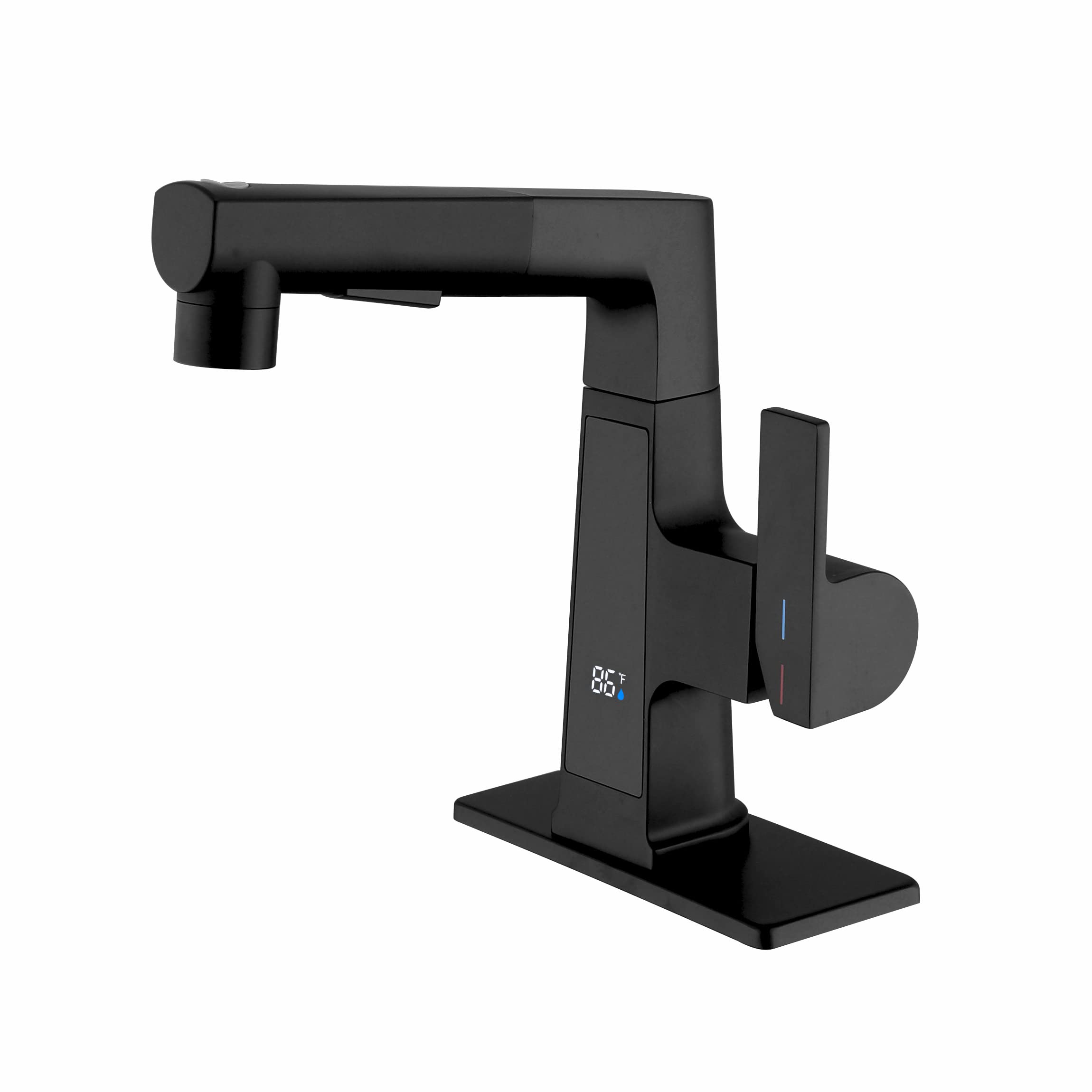 LED Bathroom Faucet with Pull Out Sprayer, Rzoeox Black Temperature Digital Display Bathroom Sink 2 Spray Modes RV Faucet Single Handle 1 or 3 Hose with Deck Plate