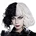 Produktbild Yulefly Halb Schwarz Halb Weiß Perücke Damen Kurz Lockig Haar mit Pony Cosplay Wig Bob Perücke für Halloween Karneval und Party Fancy Dress
