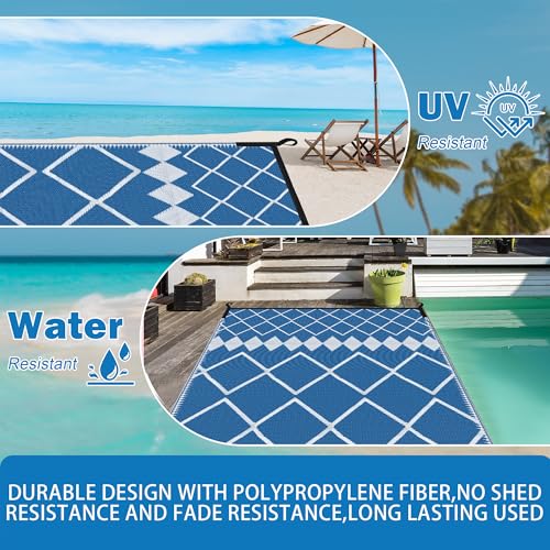 Image of Outdoor Reversible Rugs, Plastic Straw Area Mats, Modern Large Floor Rugs for RV, Patio, Backyard, Deck, Picnic, Beach, Trailer, Camping (Navy & White, 6'x9')