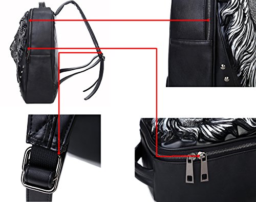 3D Animal Head Backpack, Studded Pu Leather Cool Laptop Backpack College Bookbag (Lion-Black) One Size #TOP4