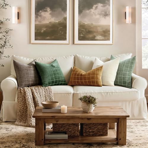 Image of MIULEE Moss Green Plaid Decorative Throw Pillow Covers 18x18 Set of 2 | Vintage Check Chenille Couch Pillows Neutral Boho Farmhouse Cushion Covers Modern Home Decor for Sofa Bed Living Room
