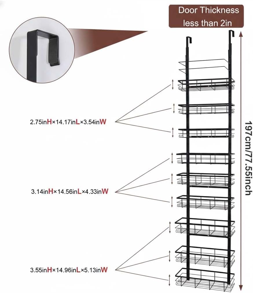 9-Tier Over The Door Pantry Organizer, Adjustable Metal Hanging Spice Rack for Kitchen, Bathroom & Bedroom Storage, Heavy-Duty Alloy Door Rack Organizer with 3 Basket Sizes, 9 Baskets
