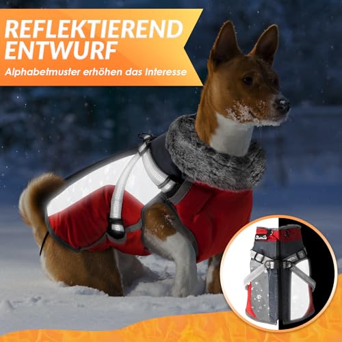 Eyein Hundemantel Winter, Wasserdichter Fleece Hundejacke mit Geschirr für kleine, mittlere und große Hunde, reflektierende Winddichter Welpenweste für Spaziergänge im Freien (Rot, M)