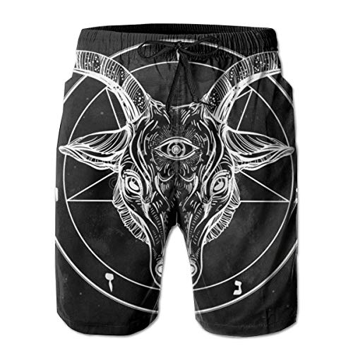 Mens Swim Trunks Pentagram with Demon Baphomet Satanic Goat Quick Dry Beach Shorts with Pockets