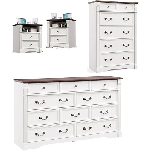 4 Pieces Bedroom Sets, Farmhouse 2 Drawer Nightstand with Open Shelf and 6/10 Drawer Dresser, Chest of Drawers Wide Storage Organizer Cabinet for Bedroom, Living Room, White
