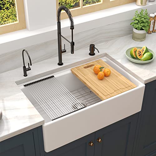 Celaeno 33 Inch White Farmhouse Sink, Fireclay Porcelain Single Bowl Apron-Front Workstation Sink, Reversible Ceramic Farm Sink With Various Accessories #TOP26