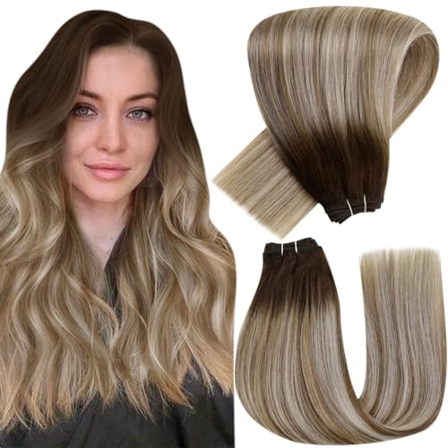 Hetto Weft Hair Extensions Real Human Hair Dark Brown to Light Brown Ombre Blonde, Full Head Thick Sew in Human Hair Wefts
