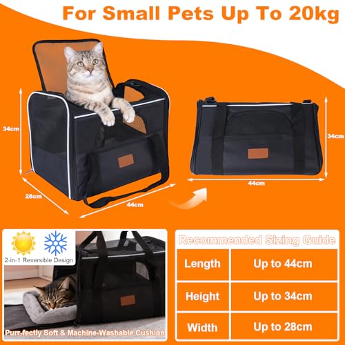 Faltbar Transportbox Katzen, Katzentransportbox mit Sicherheit Reißverschlüsse, Napf, Wendekissen, Katzen Transportboxen für kleine bis mittelgroße Katzen und Welpen bis 7 kg