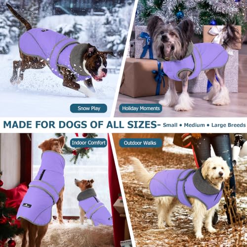 Image of Dogcheer Dog Coat, Waterproof Dog Jacket Reflective Pet Winter Coat with Adjustable Hook & Loop, Christmas Puppy Fleece Jacket Warm Turtleneck Snowsuit for Small Medium Large Dogs - Taro Purple, 2XL