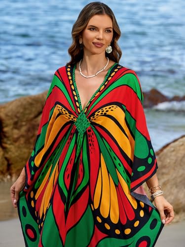 Image of IMAGEKOPE Women's Plus Size Animal Print V-Neck Batwing Kaftan Beach Dress Bathing Suit Cover-Up Loungewear