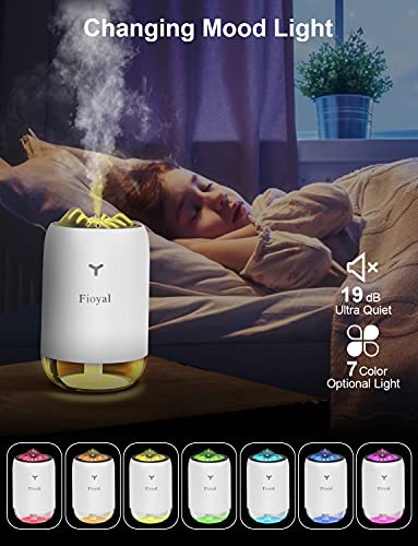 Portable Mini Humidifier, Fioyal Small Car Humidifiers With Essential Oil Diffuser Pads, Cool Mist Humidifiers For Bedroom, Baby, Plant, 7 Colors Night Light, 2 Mist Modes, Auto Shut Off, Quiet(White) #TOP5