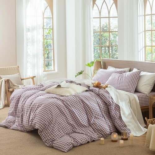 Image of MooMee Gingham Duvet Cover Set 100% Washed Cotton Linen Like Textured Breathable Durable Soft Comfy Modern Checkered Design (Classic Gingham Light Purple, Queen 90 inchx90 inch)