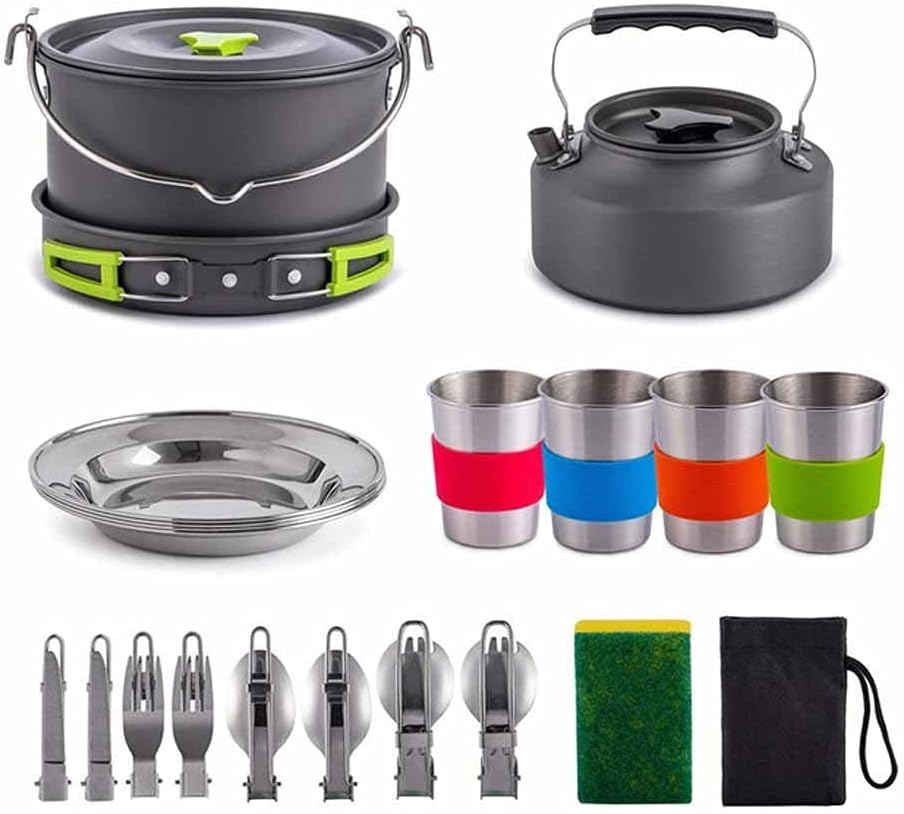 22pcs Camping Cookware Large Size Hanging Pot Pan Kettle with Base Cook Set 4 Cups Dishes Forks Spoons Kit for Camping Hiking