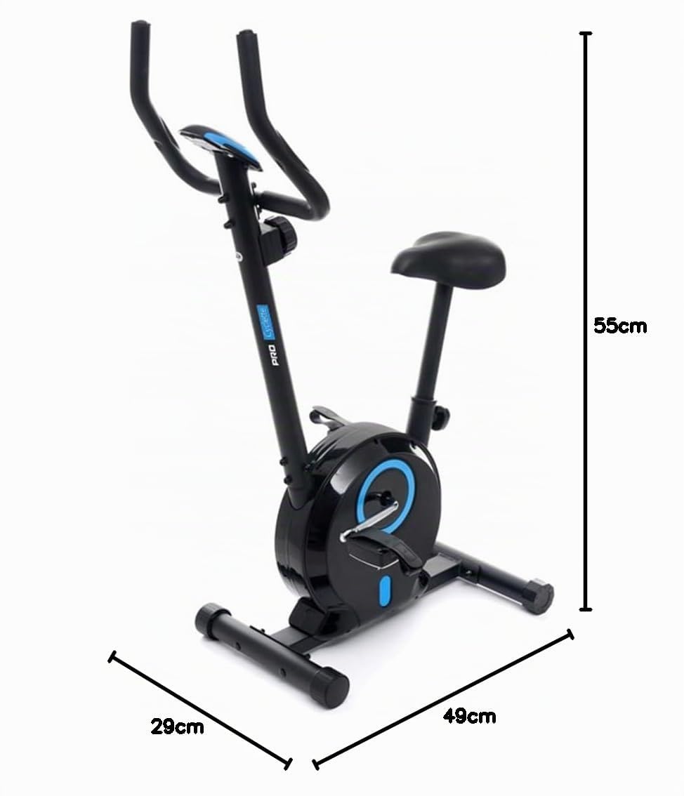 BAKAJI Bicicleta estática para fitness de casa con mango alto y asiento ajustable, bicicleta de gimnasio, spinning bike vertical con pantalla LCD y sensores cardíacos y calorías para entrenamiento de
