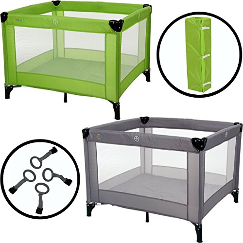 Spielstall Laufstall Reisebett mit Matratze (100 x 90 cm) 4 Greiffringe (GRÜN)