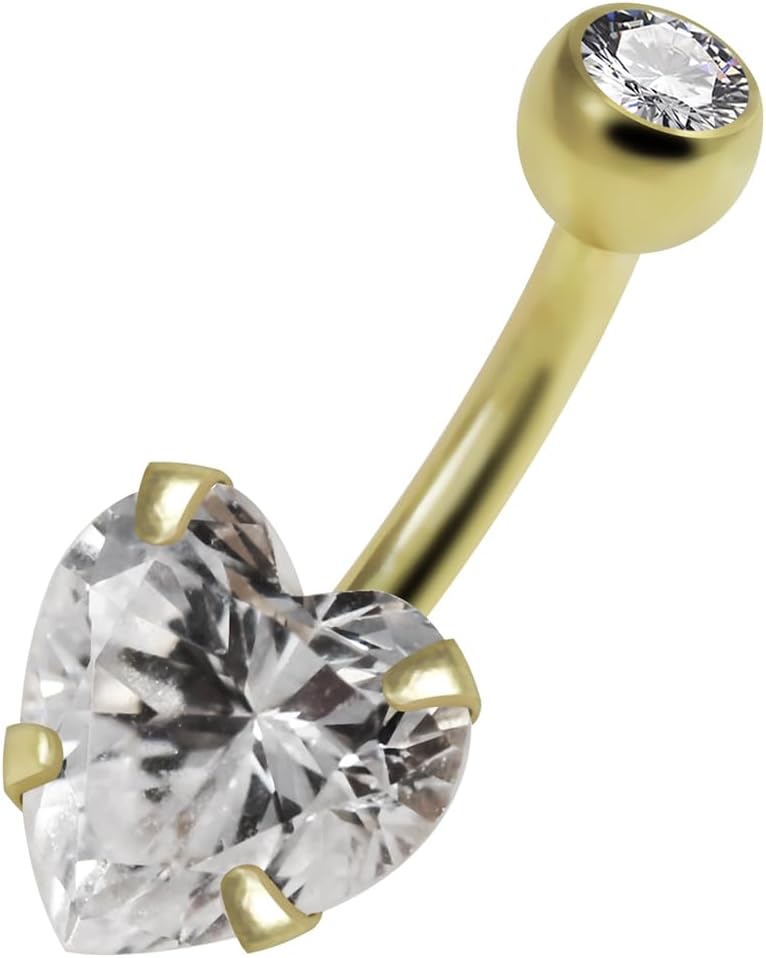 9K Solid Yellow Gold Heart Cz Stone 14 Gauge Internally Threaded Banana and Cz Stone Ball Top Belly Ring - Belly Button jewelry - Navel jewelry - Gold Navel Ring