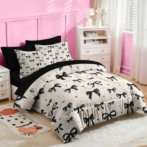 Image of Nesker Bow Comforter Set Queen Size, 7 Pieces Bed in a Bag, Black Bow Bedding Set for Girls, Coquette Heart Comforter Set with 2 Pillowcases & 2 Shams