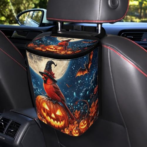 Image of Talayituse Cardinal Pumpkin Moon Bat Print Car Trash Can with Lid, Leak Proof Auto Trash Bag Hanging Vehicle Garbage Can Multipurpose Storage Container for Back Seat Road Trip Halloween Decor