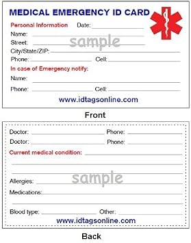 5 Medical Emergency Wallet Cards for Medical Alert Id Bracelets and Dog Tags. 5 Pieces.