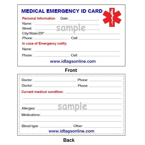 25 Medical Emergency Wallet Card for Medical Alert Id Bracelets and Dog Tags. 25 Pieces.