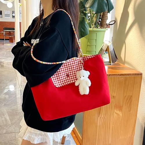 Teclado Kawaii Hobo Bag with Cute Accessory Denim Cotton Casual Shoulder Stachel Bag Travel Daypacks (Red)2