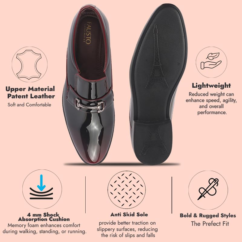 Image of FAUSTO Men Horsebit Buckle Patent Leather Party Formal Slip On Shoes | Extra Cushioned Insole Tuxedo Loafers for Wedding, Reception, Cocktail