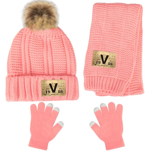 Kids Knit Hat/Scarf/Gloves Set,Winter Warm Set with Beanie and Long Scarf